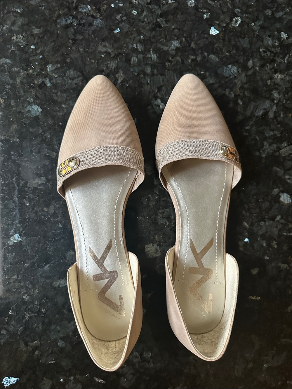 Anne Klein Nude Blush Pointed D'Orsay Flats with Gold Accent